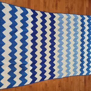 Beautiful Handmade Crochet Knit Afgan Blank In Lt Blue, Dk Ble, White and Cream.